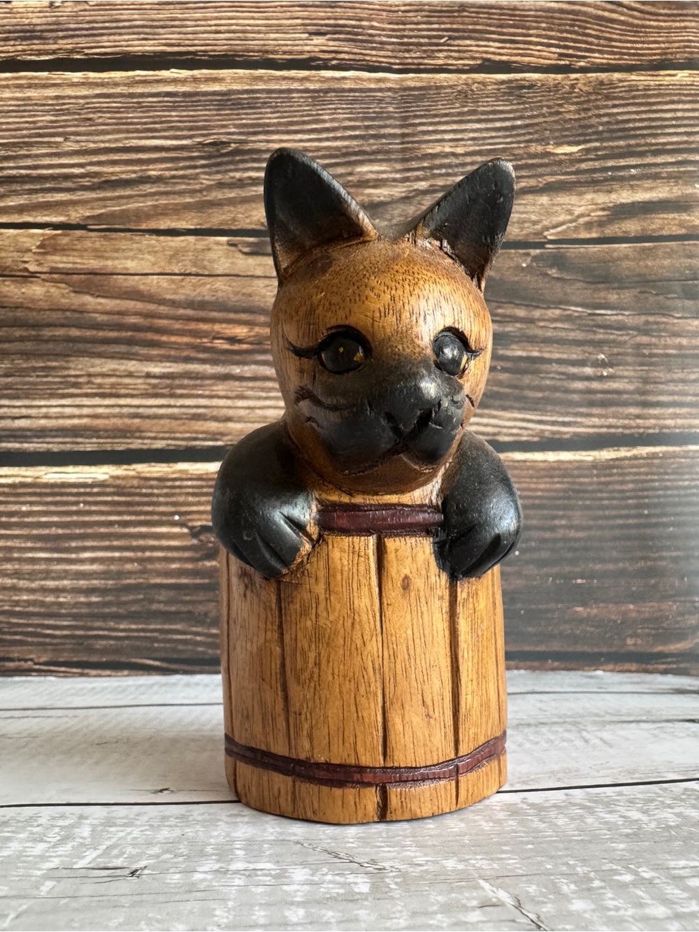 Vintage Hand Carved Wooden Cat in Barrel Figurine
